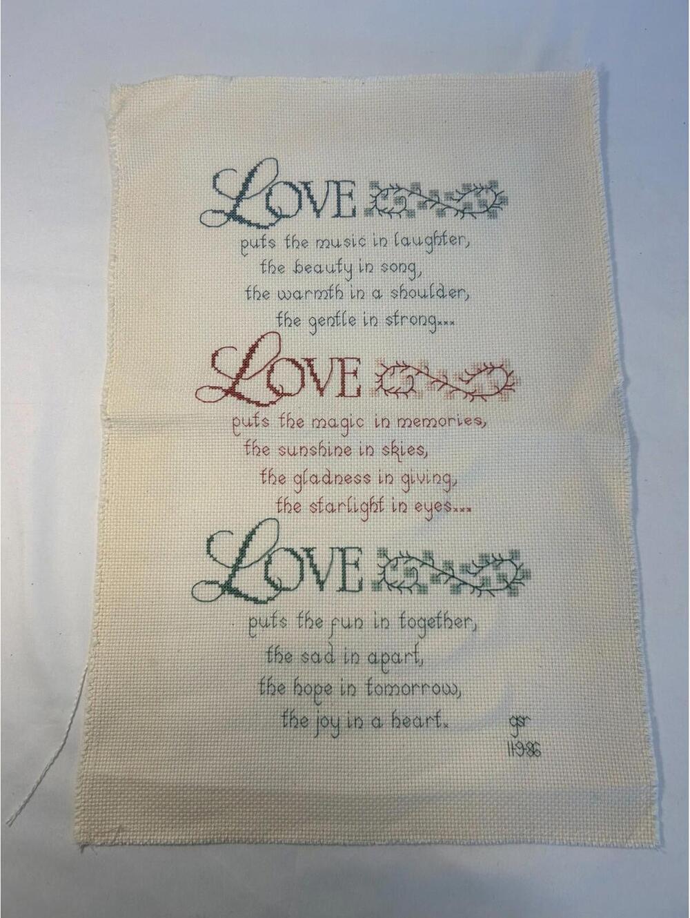 Vintage 1986 Cross-Stitch LOVE Poem Sampler Floral Embroidery Handmade Wall Art